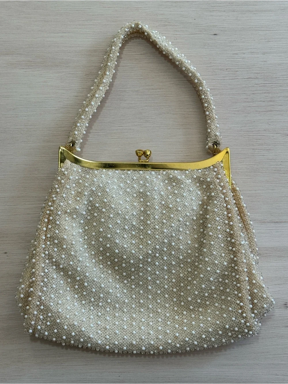 Elegant Cream bead-Embellished Evening Clutch with Gold Frame coin purse &mirror